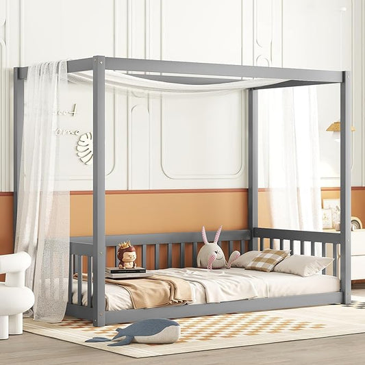 Twin Size Canopy Bed Frame with Guardrails for Kids,Floor Bed Twin with Four Poster Design,Kids Montessori Floor Bed,Wood Canopy Bed Frame for Girls,Boys(Twin,Grey) - LeafyLoom