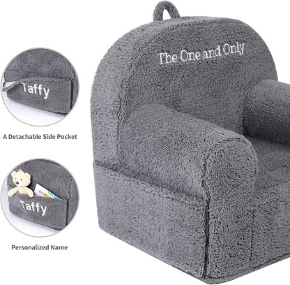 Personalized Kids Chair, High Back Toddler Sherpa Chair, Customize with Name, Grey - LeafyLoom