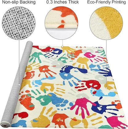 Large Kids Rug for Playroom, 8'x10' Handprints and Footprints Colorful Rug for Classroom, Non-Slip Washable Rug for Nursery, Soft Throw Carpet Indoor Playmat for Kids Room Dorm Bedroom - LeafyLoom