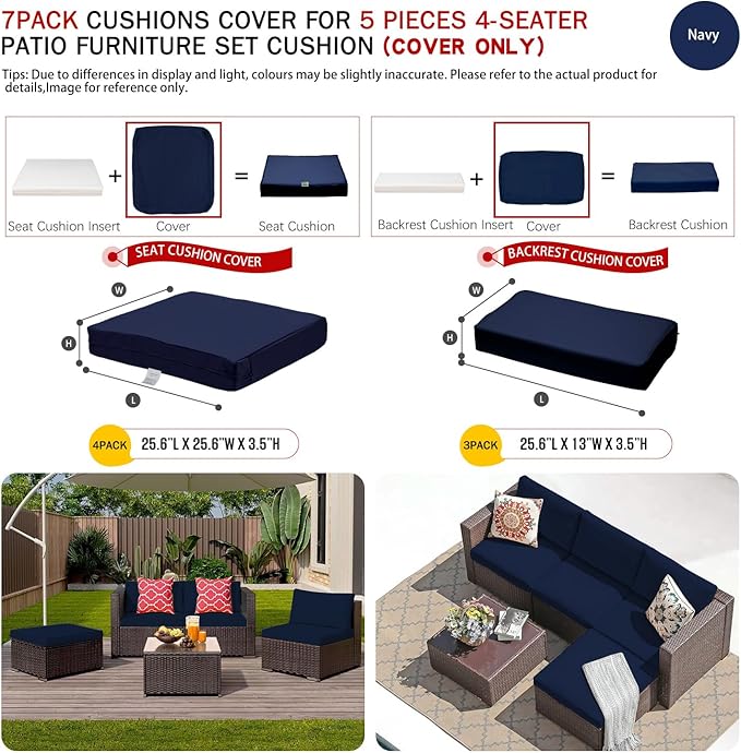 ClawsCover 7Pack Outdoor Patio Seat and Back Cushions Replacement Covers Fit for 3/5 Pieces 4-Seater Wicker Rattan Furniture Conversation Set Sectional Couch,Navy-Large (Include Cover Only) - LeafyLoom