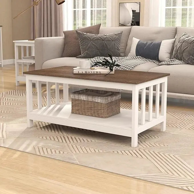 ChooChoo Farmhouse Coffee Table, White Living Room Table with Shelf, 40 Inch - LeafyLoom