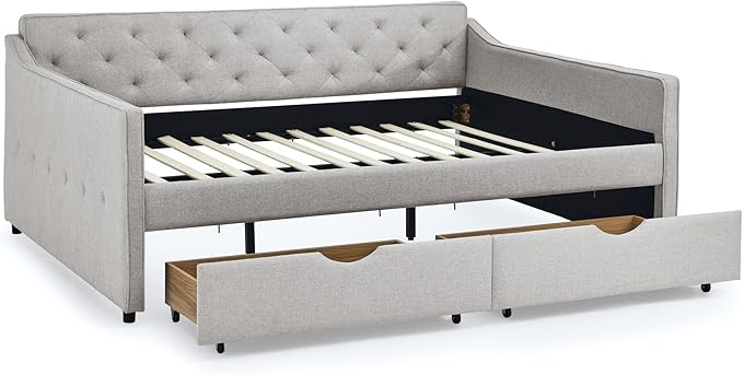 RITSU Queen Size Upholstered Tufted Daybed with Two Pull Out Drawers Sofa Bed, Button Polyester on Back, Waved Shape Arms for Bedroom, Living Room,No Need Boxing Spring, Beige, 85.50 - LeafyLoom