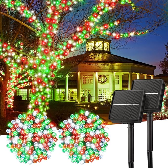 Minetom Solar Christmas Lights Outdoor Waterproof, 2 Pack Total 80FT 200 LED Solar Lights with 8 Modes, Solar Christmas Outdoor Decoration, Solar String Lights for Outside House Tree,Red Green & White Minetom