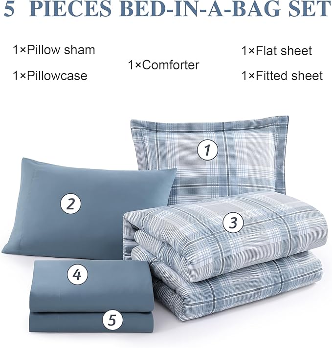 Light Blue Twin Bed Set, Plaid Twin XL Comforter Set for Boys & Girls,Classic Homestead-style Twin Comforter Set with Sheets and Comforter Set - LeafyLoom