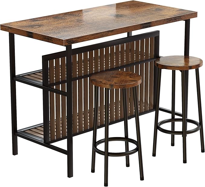 DKLGG Kitchen Island with Storage, 3 Piece Dining Table Set with 2 Tier Storage Shelves, Bar Table with Barstool, Sturdy Island Table with Chairs for Restaurant, Living Room - LeafyLoom