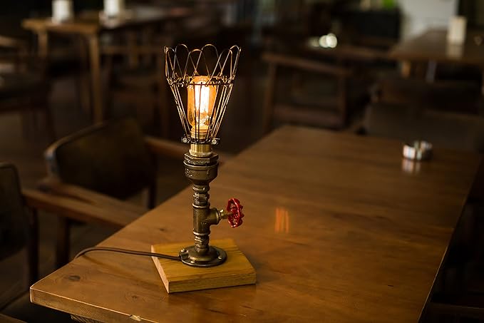 Loft Style Lamp, Pharos", Steam Punk Industrial Vintage Style, Wood Base Metal Body, Table Desk Light with Dimmer, LL-016 - LeafyLoom