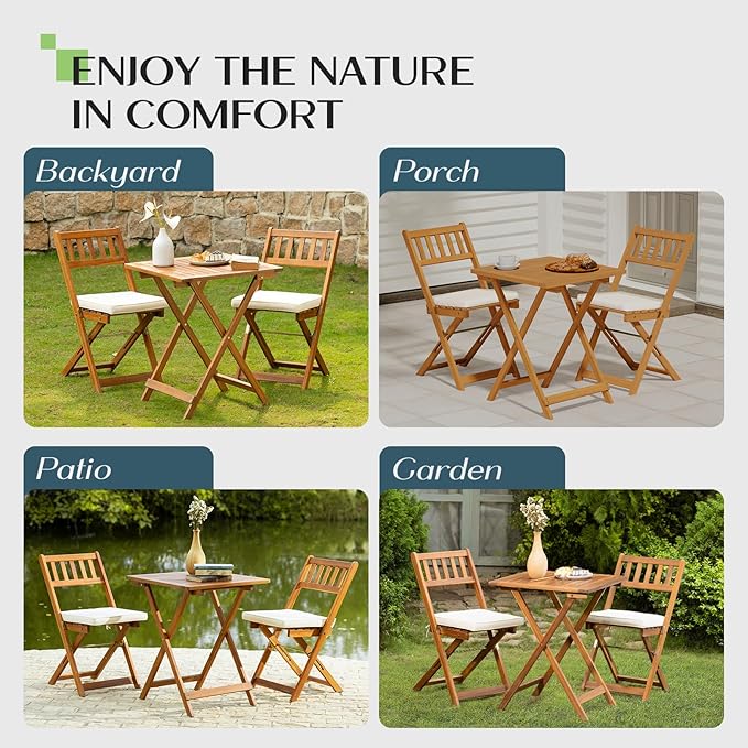 Square Table Heavy Duty 400lbs Capacity Patio Bistro Set 3 Piece Outdoor, Folding Chairs w/Cushion - LeafyLoom