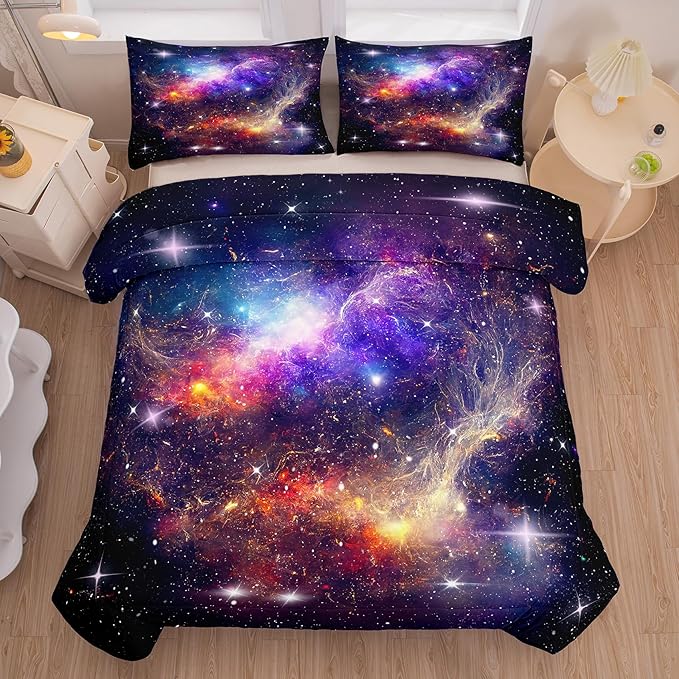 Tailor Shop Galaxy Comforter Space Kids Bedding Set Full Size, Purple Comforter for Girls with 2 Pillowcase - LeafyLoom