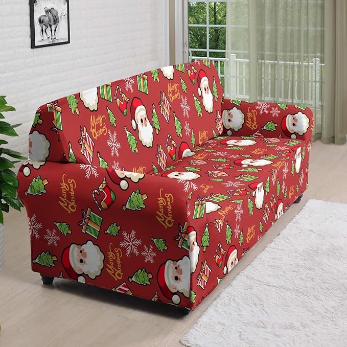 FKELYI Christmas Decor Red Sofa Slipcover for Living Room Santa Claus Sofa Couch Cover with Elastic Bottom Non-Slip Furniture Protector XL FKELYI