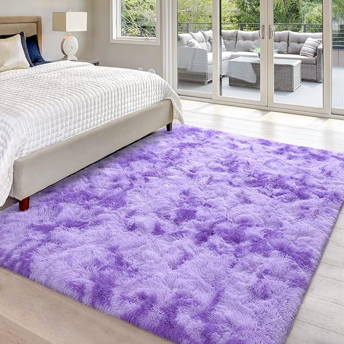 6x9 Large Area Rugs for Living Room, Super Soft Fluffy Modern Bedroom Rug, Tie-Dyed Purple Indoor Shag Fuzzy Carpets for Girls Kids Nursery Room Home Decor - LeafyLoom