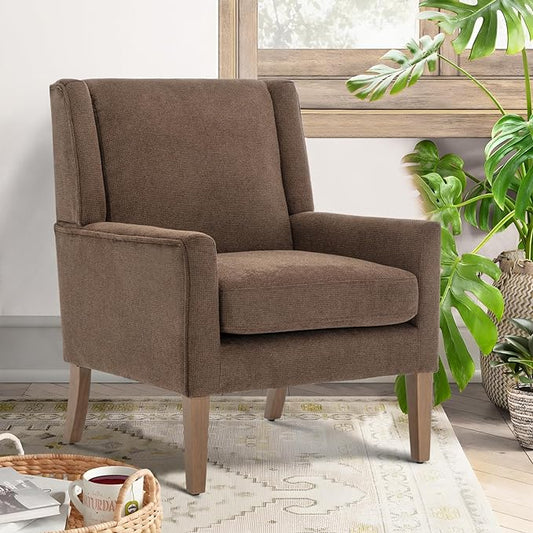 COLAMY Modern Wingback Living Room Chair, Upholstered Fabric Accent Armchair, Single Sofa chair with Lounge Seat and Wood Legs for Bedroom/Office/Reading Spaces, Brown - LeafyLoom