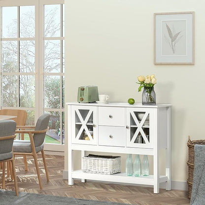 HOMCOM Coffee Bar Cabinet, Sideboard Buffet Cabinet, Kitchen Cabinet with Storage Drawers and Glass Door for Living Room, Entryway, White - LeafyLoom