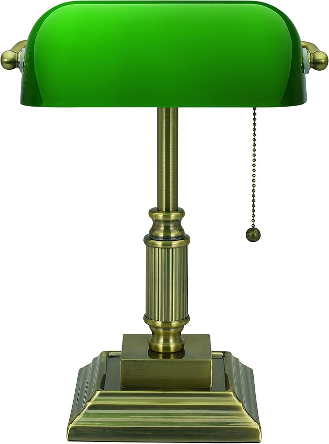 Traditional Style CFL Banker's Desk Lamp with Green Glass Shade (VS688029AB) - LeafyLoom