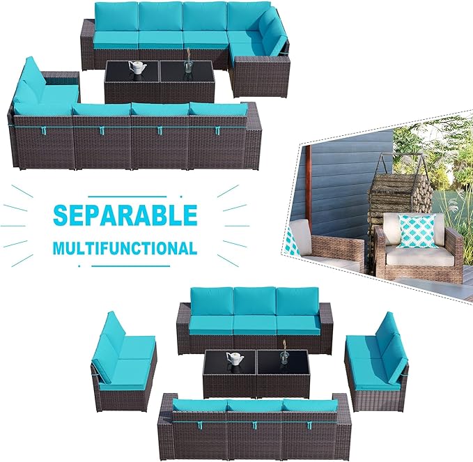 Kullavik 12PCS Outdoor Patio Furniture Set PE Wicker Rattan Sectional Sofa Patio Conversation Sets,Blue - LeafyLoom