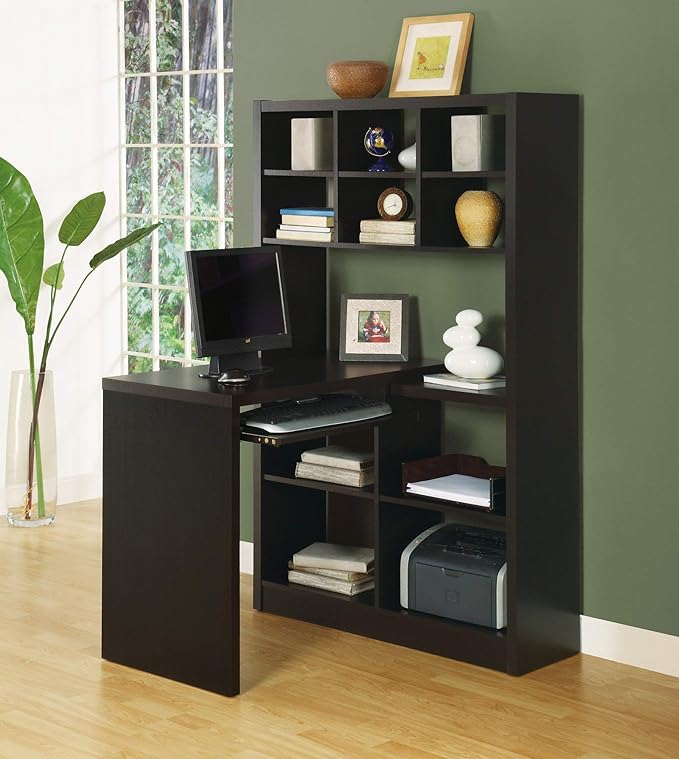 Monarch Specialties I Storage-Bookcase Left Or Right Set Up-Corner Desk with Multiple Adjustable Shelves, 60"L, Cappuccino - LeafyLoom