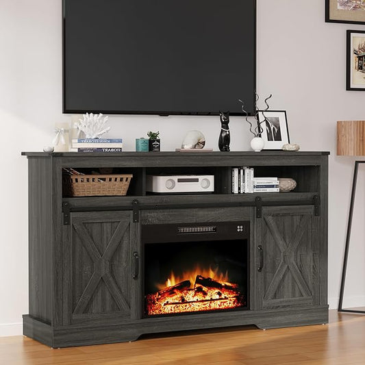 Fireplace TV Stand for 65+ Inch TV, Farmhouse Entertainment Center with 23" Electric Fireplace with Remote, Modern Rustic TV Console with Sliding Bar Door for Living Room,Dark Grey - LeafyLoom