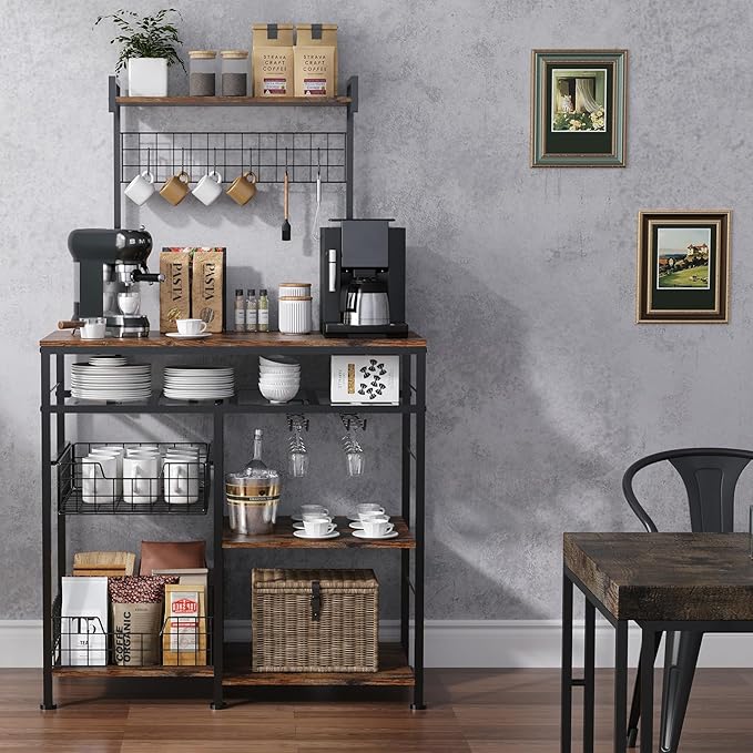 Farmhouse Coffee Bar Cabinet - 31" Sideboard Buffet Cabinet with 8 Hooks and Removable Sliding Storage Basket - Ideal for Kitchen& Dining&Living Room - Rustic Brown - LeafyLoom