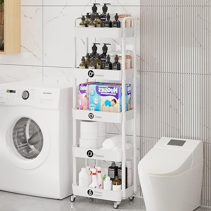 5-Tier Storage Cart,Multifunction Utility Rolling Cart Kitchen Storage Organizer,Mobile Shelving Unit Cart with Lockable Wheels for Bathroom,Laundry,with Classified Stickers,White - LeafyLoom