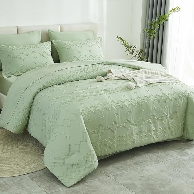 EMME Twin Comforter Set - 5 Pcs Sage Green Boho Bedding Sets, Tufted Comforter with Sheets, Shabby Chic Embroidery Twin Bed Set Fluffy Bed Bag for All Season(68"X90") - LeafyLoom