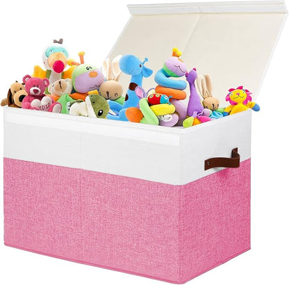 Large Toy Storage Box with Lid, Sturdy Toys Storage Chest Bin Organizer Basket with Dividers for Kids, Boys, Girls, Nursery, Closet, Bedroom, Playroom 25"x13" x16" (Pink and White) - LeafyLoom