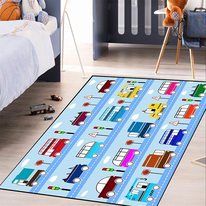 Car Rug Car Play Mat Kids Rugs for Playroom Car Rug Play Mat Rugs for Boys Bedroom Car Carpet for Kids Play Rug for Cars and Trucks Car Rug for Boys Room,Light Blue 2'5''×4' - LeafyLoom