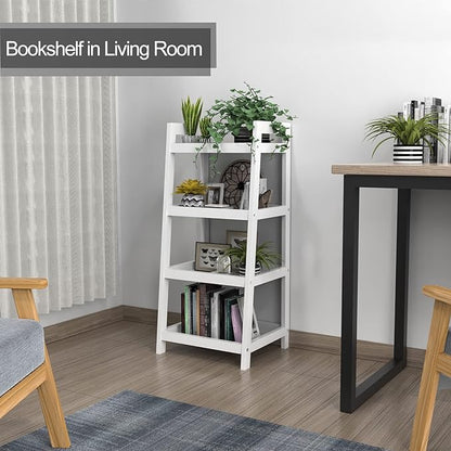 4 Tier Bamboo Bookshelf, Free Standing Ladder Shelf, Storage Shelf Rack for Bathroom, Kitchen, Living Room - White - LeafyLoom