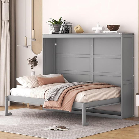 Merax ModernMurphy Cabinet Bed, Solid Wood Wall Platform Bed/No Box Spring Needed/Easy Assemble/Full,Gray - LeafyLoom