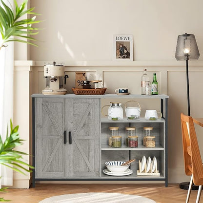 WEENFON Floor Storage Cabinet, Buffet Storage Cabinet with 2 Barn Doors, Industrial Sideboard with Adjustable Shelves, Buffet Table for Dining Room, Living Room, Kitchen, Grey - LeafyLoom