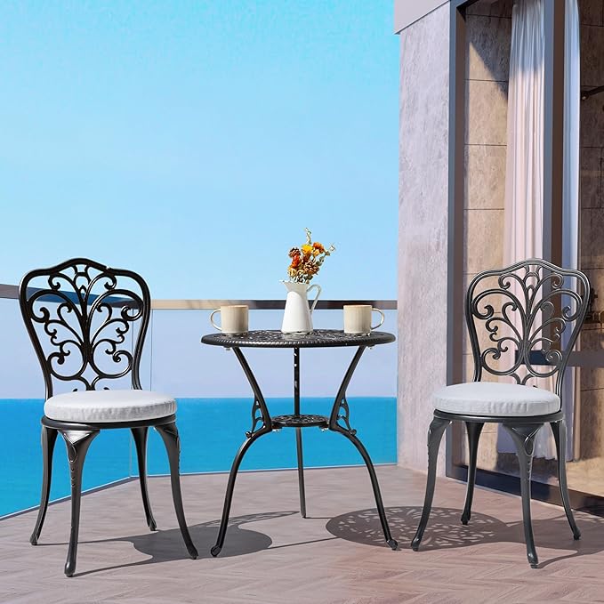 NUU GARDEN Bistro Set 3 Piece Outdoor All Weather Cast Aluminum Patio Bistro Set Patio Table and Chairs Set of 2 with Umbrella Hole and Gray Cushions for Backyard, Balcony, Lawn, Black - LeafyLoom