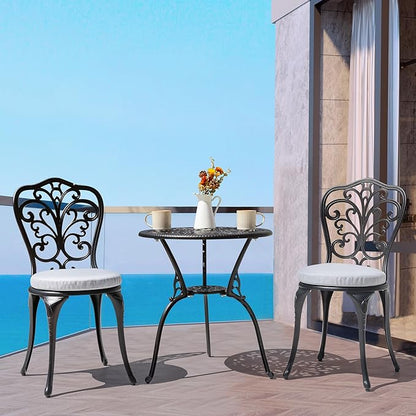 NUU GARDEN Bistro Set 3 Piece Outdoor All Weather Cast Aluminum Patio Bistro Set Patio Table and Chairs Set of 2 with Umbrella Hole and Gray Cushions for Backyard, Balcony, Lawn, Black - LeafyLoom