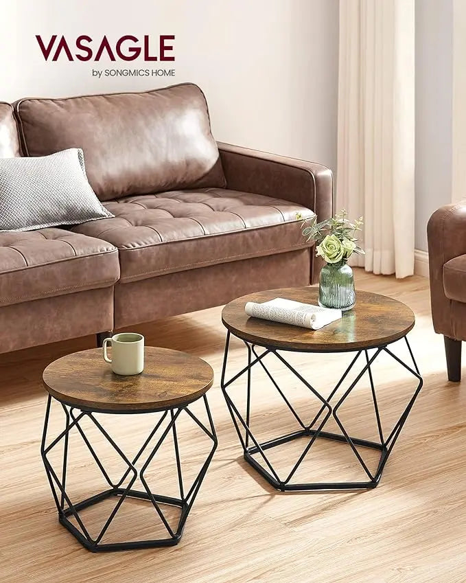 VASAGLE Small Coffee Table Set of 2, Round Coffee Table with Steel Frame, Side End Table for Living Room, Bedroom, Office, Rustic Brown and Ink Black - LeafyLoom