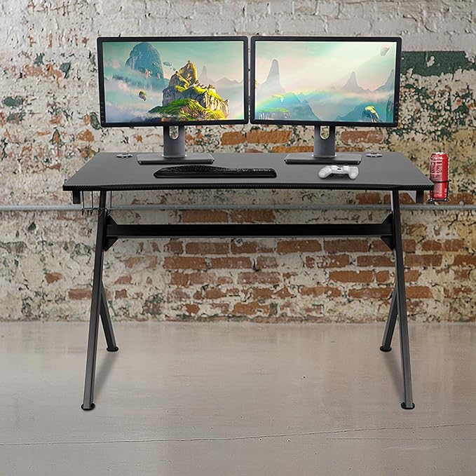 Flash Furniture Duncan Gaming Desk 45.25" x 29" Computer Table Gamer Workstation with Headphone Holder and 2 Cable Management Holes, Set of 1,Black - LeafyLoom