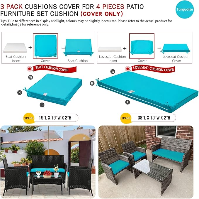 ClawsCover 3Pack Outdoor Seat Cushions Replacement Covers Fit for 4 Pieces Wicker Rattan Furniture Patio Conversation Set Loveseat Chair,38x19x2,19x19x2,Turquoise-Large (Include Cover Only) - LeafyLoom