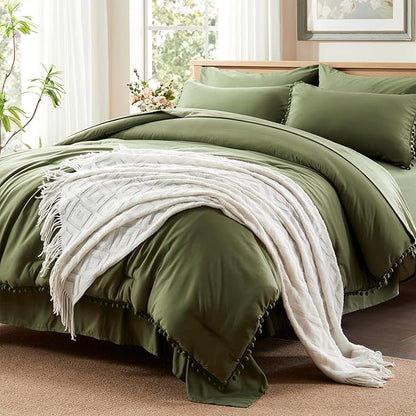 Anluoer King Comforter Set 7 Piece, Olive Green Bed in a Bag with Sheets, Pom Pom Boho Bedding Comforter Sets with 1 Comforter, 2 Pillow Shams, 2 Pillowcases, 1 Flat Sheet, 1 Fitted Sheet - LeafyLoom