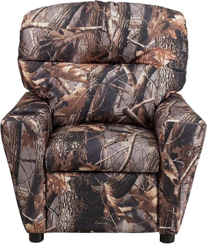 Flash Furniture Chandler Vinyl Kids Recliner with Cup Holder and Safety Recline, Contemporary Reclining Chair for Kids, Supports up to 90 lbs., Camouflage - LeafyLoom