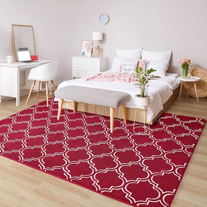 Chicrug Shag Geometric 5x7 Area Rug for Living Room, Large Modern Memory Foam Indoor Carpet, Fluffy Rug for Bedroom Bedside Room Decor for Family Girls Kids Nursery, Wine Red/White - LeafyLoom