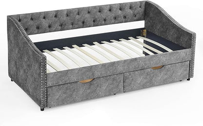 RITSU Modern Twin Size Daybed with Drawers Upholstered Sofa Bed, Tufted Buttons On Back, Wooden Frame， Copper Nail On Waved Shape Arms, for Bedroom, Living Room, Grey, 81.50 - LeafyLoom