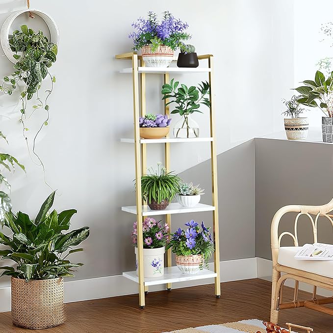 GAOMON 4 Tier Ladder Shelf, Free Standing Gold Book Shelf, Flower Stand Plant Rack, Storage Organizer Unit, Ladder Shelf for Living Room,Home Office,Balcony,Kitchen,Bathroom - LeafyLoom