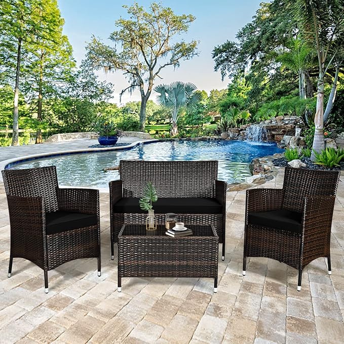 Goplus 4-Piece Rattan Patio Set, Outdoor/Indoor Wicker Conversation Set for Pool, Backyard, Lawn, Wicker Chairs and Sofa with Soft Cushion, Rattan Furniture with Tempered Glass Coffee Table - LeafyLoom