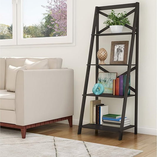 Lavish Home 4-Tier Ladder Bookshelf - Freestanding Shelved Bookcase with X-Back Frame and Leaning Look - Display Shelves for Home or Office (Black) - LeafyLoom