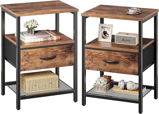 Nightstand Set of 2, Night Stand with Fabric Drawer, Mesh Shelf, Side Table with Storage, Fabric Drawer Dresser, Open Shelf, Metal Frame, Bedroom, Rustic Brown - LeafyLoom