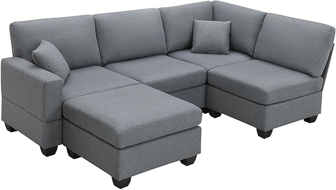 89.8" Modern Sectional Sofa with Convertible Ottoman and 2 Pillows,L-Shape Linen Fabric Corner Couch 5 Set W/Back & Cushion,can Hold up to 330 Lbs,for Apartment,Living Room,Dark Grey - LeafyLoom