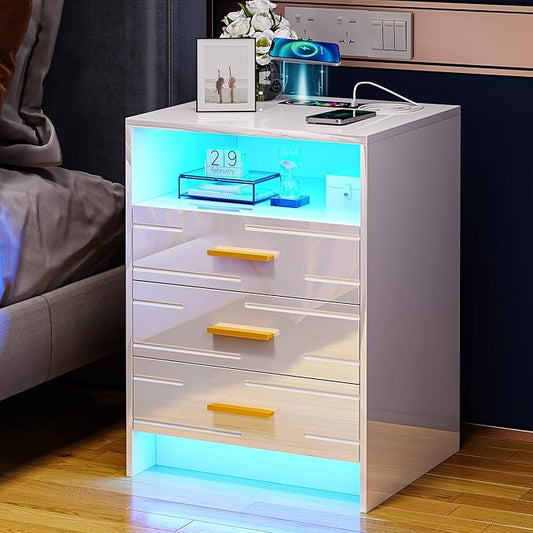 HNEBC RGB LED Nightstand with Wireless Charging Station, Smart Night Stand with Motion Sensor Lights, High Gloss White Nightstand with 3 Drawers for Bedroom, Modern Bedside Tables (A White) - LeafyLoom