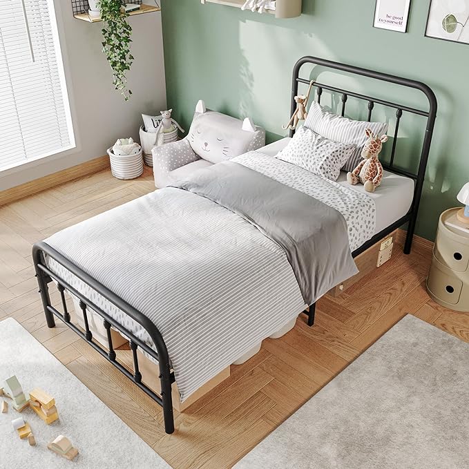 Vintage Twin Size Bed Frame with Headboard and Footboard Mattress Heavy Duty Metal Platform, Steel Slat Support (Twin, Black Sanded) - LeafyLoom