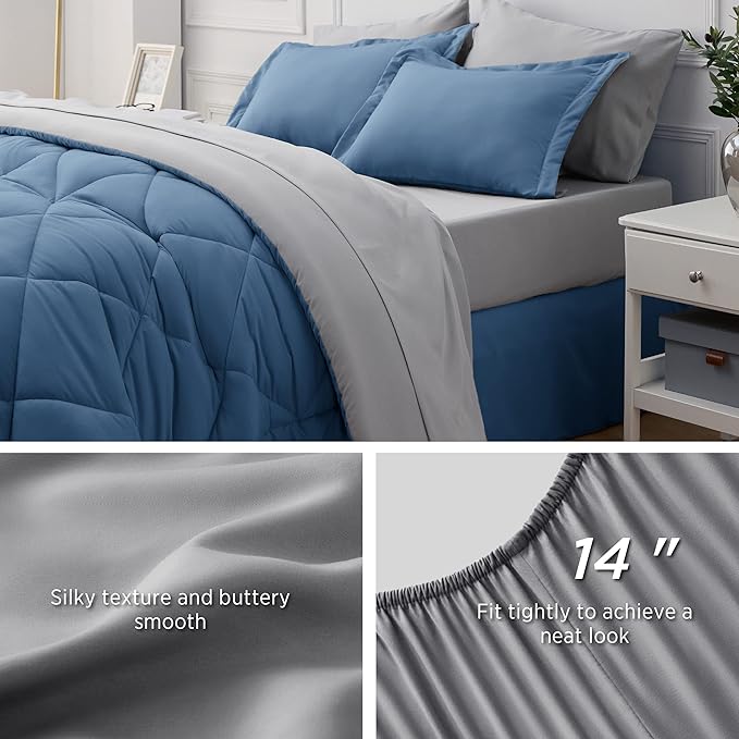 Bedsure Blue Twin Comforter Set - 5 Pieces Reversible Blue Bedding Set Twin, Blue Extra Long Bed Set with Comforters, Sheets, Pillowcase & Sham - LeafyLoom