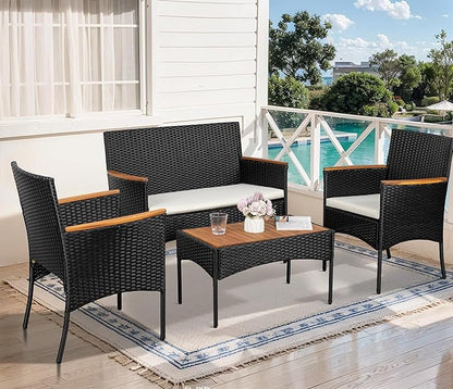 Shintenchi 4-Piece Patio Furniture Set, Outdoor Wicker Patio Conversation Furniture Set with Cushions and Wooden Tabletop for Paito Lawn Backyard, White Cushion - LeafyLoom