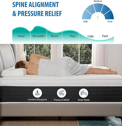 Full Mattresses,Hybrid 12 Inch Full Mattress in a Box,Memory Foam & Individually Pocket Spring for Pain Relief,Medium Firm Black Full Mattress,Pressure Relief,Certified. - LeafyLoom