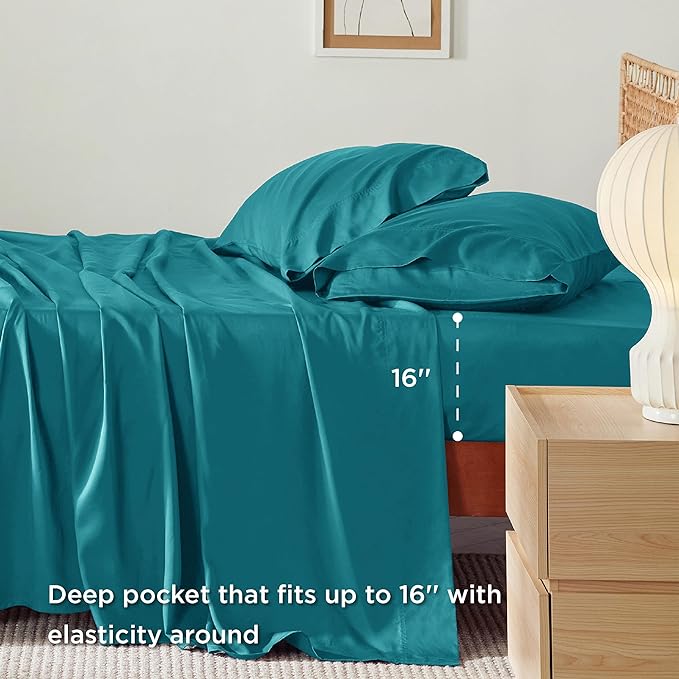 Bedsure Full Size Sheets, Cooling Sheets Full, Rayon Derived from Bamboo, Deep Pocket Up to 16", Breathable & Soft Bed Sheets, Hotel Luxury Silky Bedding Sheets & Pillowcases, Turquoise - LeafyLoom