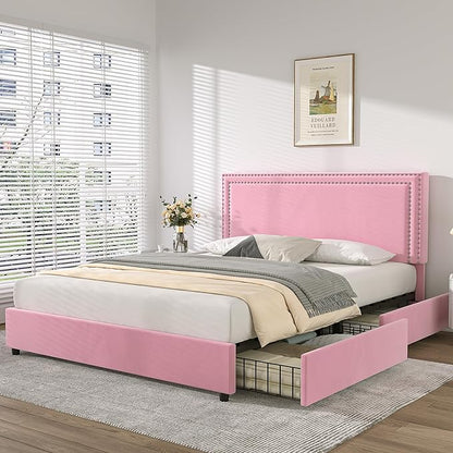 VECELO Queen Size Upholstered Platform Bed Frame with 4 Storage Drawers, Adjustable Velvet Rivets Headboard, Wooden Slats Support, No Box Spring Needed, Easy Assembly - LeafyLoom