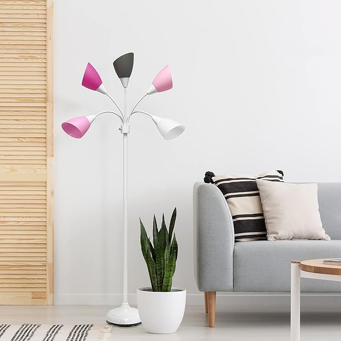 Simple Designs LF2006-WPG 67" Contemporary Multi Head Medusa 5 Light Adjustable Gooseneck White Floor Lamp with Pink, White, Gray Shades for Kids Bedroom Playroom Living Room Office, 30 x 10 x 67 - LeafyLoom